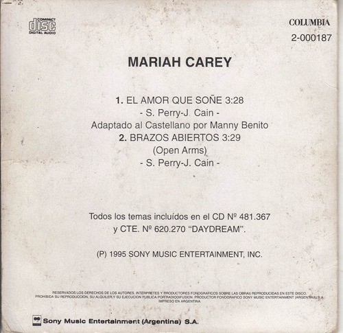 Cd Promo De Mariah Carey Argentina 1995 2 Temas 1 En Español
