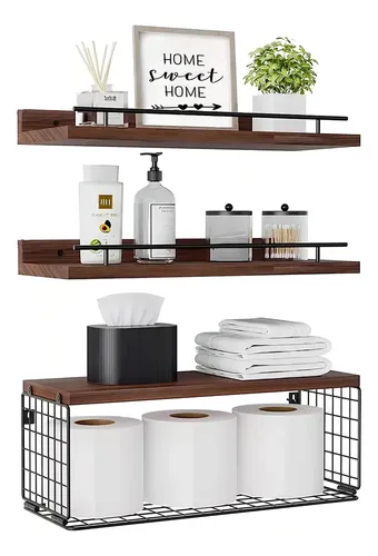 Giftgarden Estantes Flotantes Negros De 16 Pulgadas Para Montaje En Pared, Estante De Pared De Grano De Madera Para Baño, Dormitorio, Cocina, Sala De Estar, Oficina, Almacenamiento, Juego De 3 Tamaños