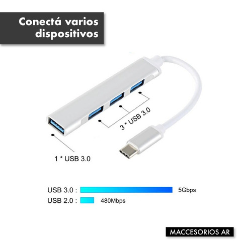 Imagen 6 de 10 de Hub Aluminio Usb C 4 Puertos Usb 3.0 Compatible Mac Win Lin