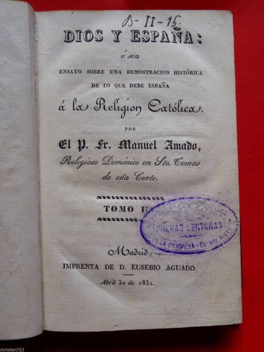 1831 Dios Y España V.iii Religion Dios España America Peru