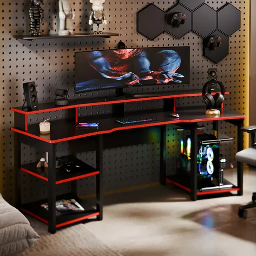 Escrivaninha Mesa Gamer Com Prateleiras E Suporte Para Monitor Pa...