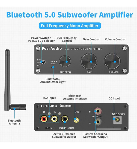 Amplificador Fosi M01-bt Bluetooth Mono 108w Speaker Sub Out Preto 108 W