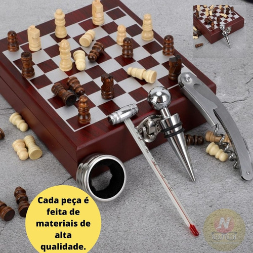 Imagem 7 de 7 de Kit Abridor Vinho Maleta Madeira Jogo De Xadrez Saca Rolha