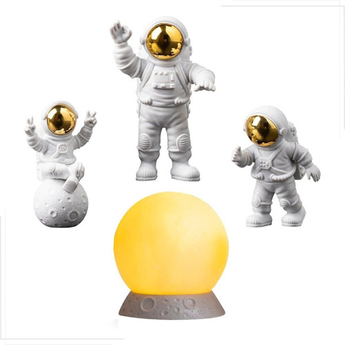 Luminária Astronauta Lua Resina Miniatura Decoração Trio