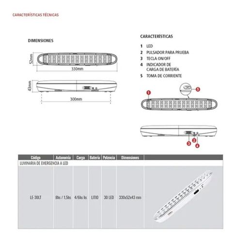 Imagen 3 de 6 de Luz Emergencia 30 Led Tbcin 8hs Autonomia Le-30lt
