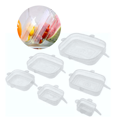 Set X6 Tapas Rectangular De Silicona Reutilizable Ajustable Color Transparente