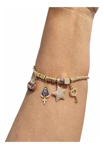 Pulseira Palmeira Charm Religiosa Estrela Cadente Ouro 18k