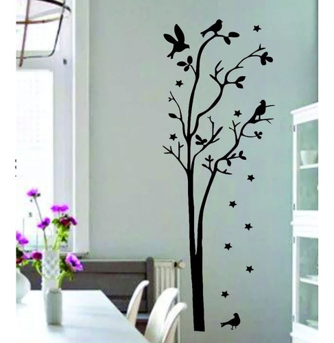 Adesivo Decorativo Árvore Com Pássaros E Estrelas Cor Preto