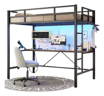 Comprar Base De Cama Alta Tipo Loft Individual Negro Con Escritorio
