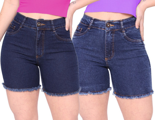 Kit 2 Bermuda Jeans Feminina Short Meia Coxa Cintura Alta