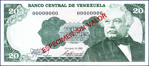 Billete Espécimen Sin Valor Rojo 20 Bolívares Octubre 6 1981