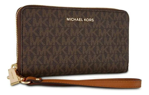 Carteira marrom multifuncional plana Michael Kors Jet Set Travel com design de tecido com monograma