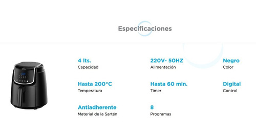 Imagen 4 de 8 de Freidora Midea Af-d140bar1 Sin Aceite 4 Litros Digital
