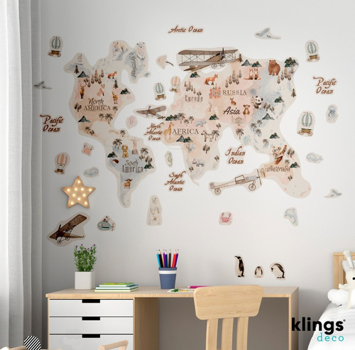 Vinilo Decorativo Infantil Mapa Niños Animales Avion Globos