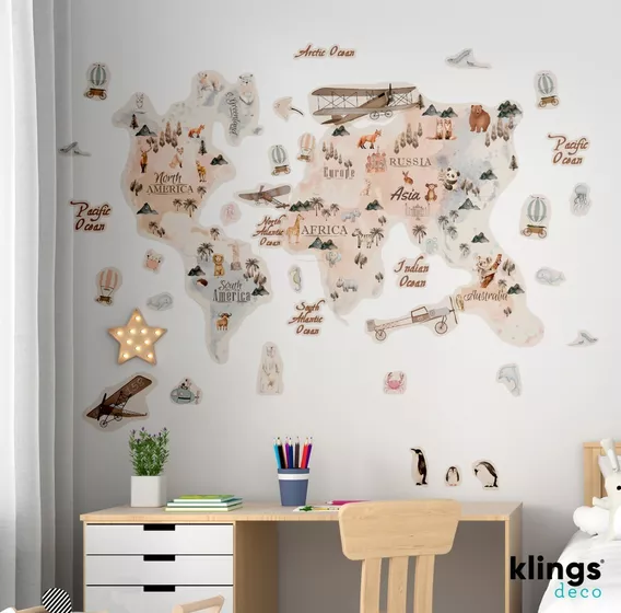 Vinilo Decorativo Infantil Mapa Animales Avion Globos Grande