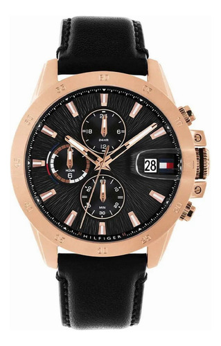 Reloj Tommy Hilfiger Jameson 1792194 Vg, Caja Rosé, Esfera Negra, De Cuero Negro
