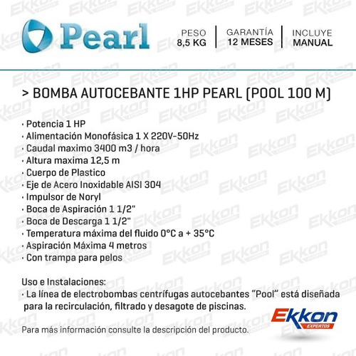 Imagen 2 de 7 de Bomba Autocebante Pileta Motorarg Pearl 1 Hp Pool 100 M