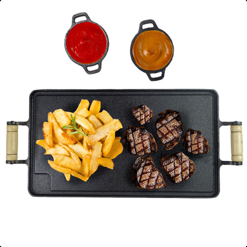 Chapa Bifeteira Grill + 2 Molheiras P/ Servir Preparar Ferro