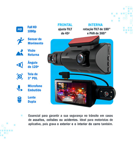 Camera Veicular Dashcam Grava Dentro E Fora Do Carro Display