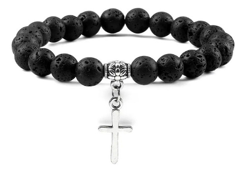 Pulsera Cruz Piedra Volcanica + Estuche Gamushop