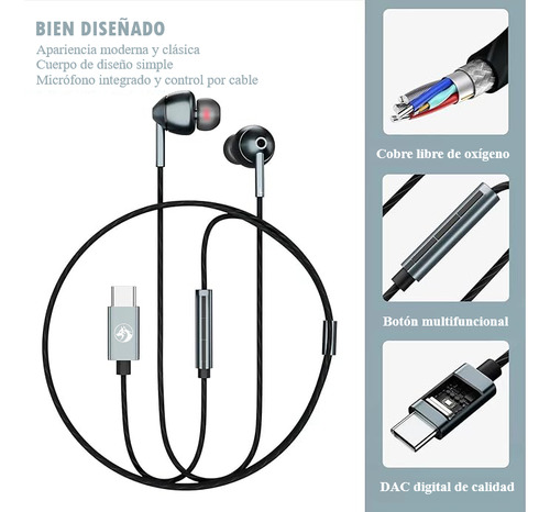 Audifonos Auriculares Usb-c Con Micrófono, Control De Volumen Y Chip Cx31993, Techwolf Intrauriculares Con Cable Para Celular, Tablet Y Laptop 1.2m Color Gris Oscuro