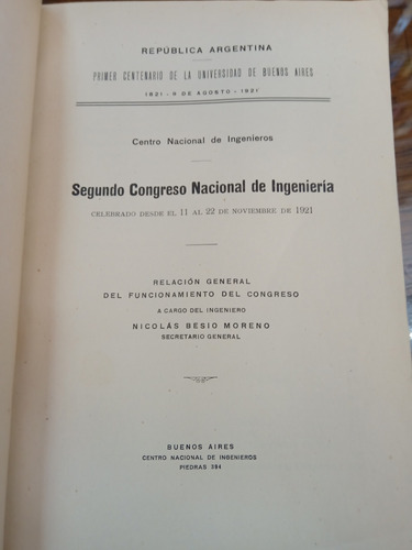 Segundo Congreso Nacional De Ingeniería 1921 Univ De Bs As