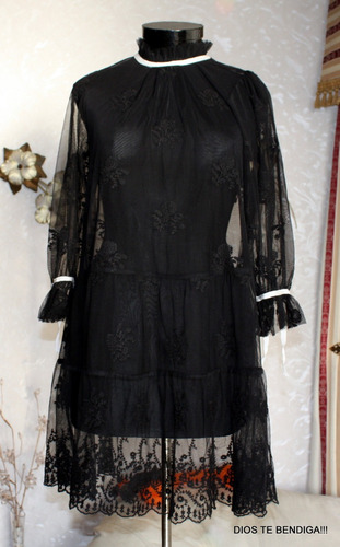Vestido Tunica Vintage Gasa Negra Bordada Transparente Ts/m