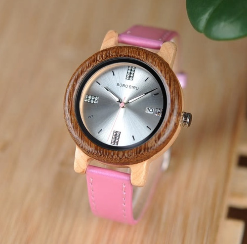 Relógio Feminino Bambu Madeira P29a Pink Analógico Bobo Bird