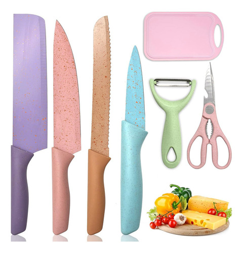 Conjunto de Facas para Cozinha com Suporte de Madeira - Kit de 7 Peças, Inclui Faca para Churrasco e Tábua de Corte