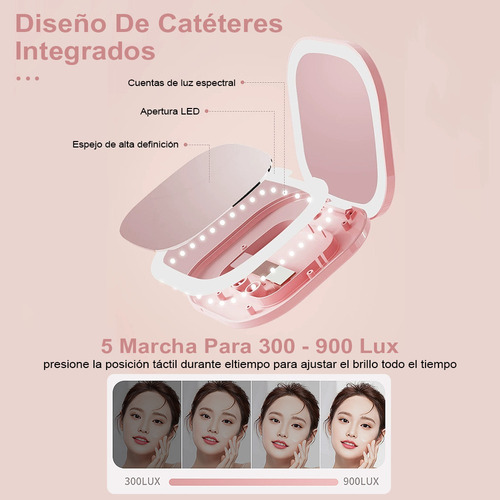 Espejo Mano Mini Led Espejo Maquillaje 3 Tonos Color Ajustab Blanco