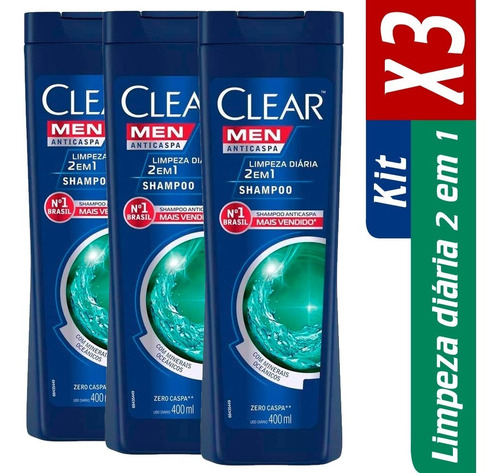 Kit 3 Shampoo Clear Anticaspa Limpeza Diaria 2 Em 1 400ml