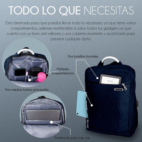 Mochila Impermeable Laptop Puerto Usb Escolar Portátil Viaje Color Azul marino Diseño de la tela Liso