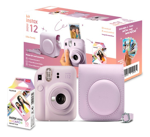 Kit Câmera Instax Mini 12 + 10 Fotos Macaron + Bolsa Lilas