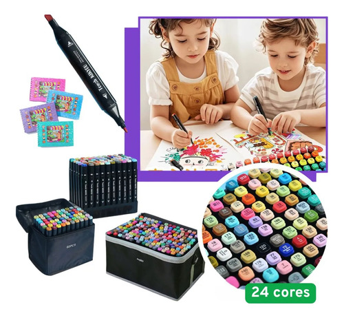 Kit Marcadores Canetinhas Ponta Dupla 24 Cores - Estojo
