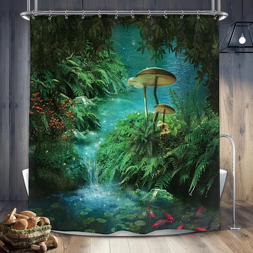 Riyidecor Fantasy Mushroom Shower Curtain 72wx72h Inch Fairy