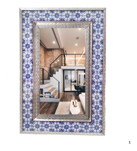 Imagen 1 de 1 de Espejo Marco Latón Y Azulejo De Talavera Poblana 62x42 Cm M1