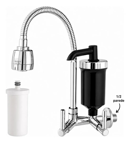 Torneira Parede Cozinha Gourmet com Filtro Com Purificador Preto Filtro Preto