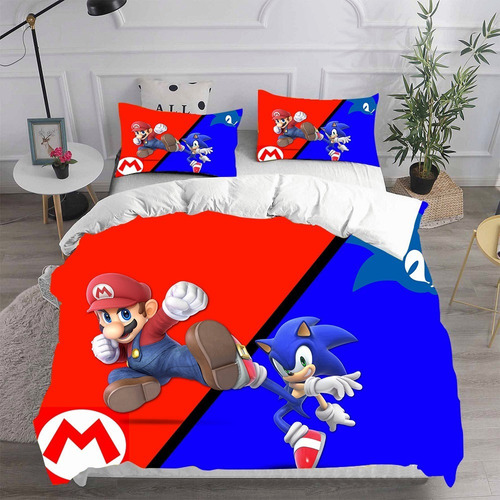 Juego De Ropa De Cama De Mario Y Sonichedgehog, Individual