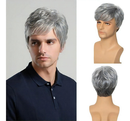 Peruca Curta Masculina Grisalha Cabelo Liso Humano Sintética Tonalidade Cinza