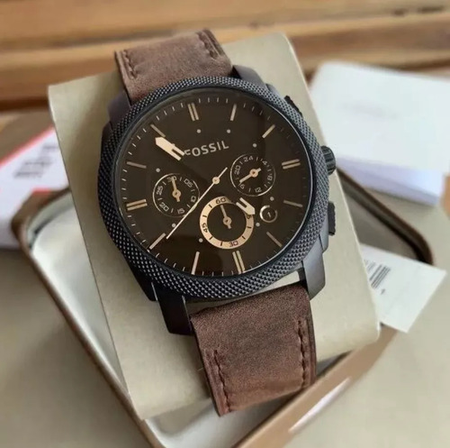 Reloj Analógico Fossil Ffs4656/z Fs4656 De Piel Marrón Nf-e Con Bisel Negro