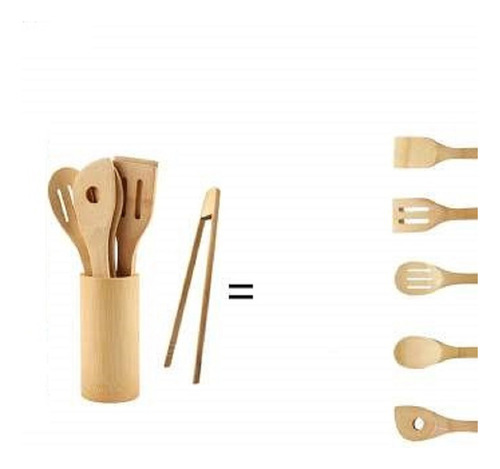 Set Utensilios De Cocina De Bambú 8 Piezas Con Pinza Y Base