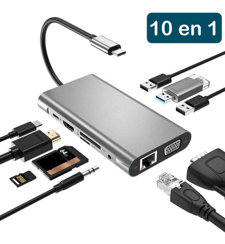 Imagen 1 de 6 de Hub 10 N 1 Usb C 3.0 Hdmi 4k Vga Audio Ethernet Sd Tf Mac Pc