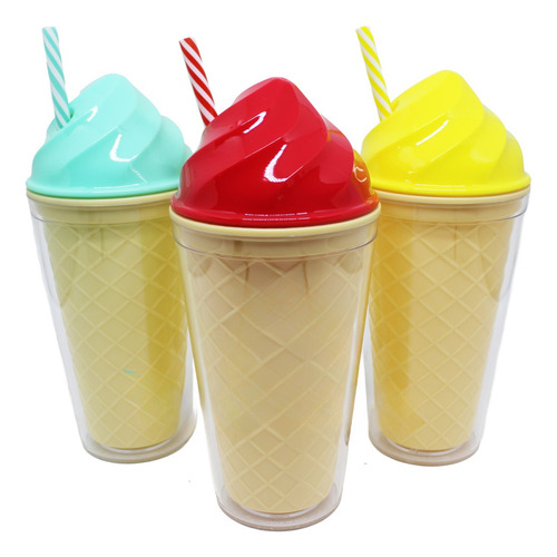 Copo Plástico Canudo Sorvete Milk Shake Confeitaria Presente Cor Amarelo