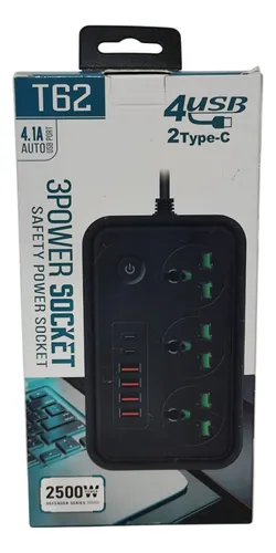 Multitoma Extensión X3 Enchufes Puertos Usb Tipo-c Portátil