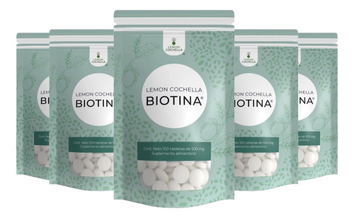Suplemento Biotina Lemon Cochella | 5 Bolsas con 100 Tabletas c/u | Apoya Piel, Cabello y Uñas | 500 Días de Consumo | Pack Completo