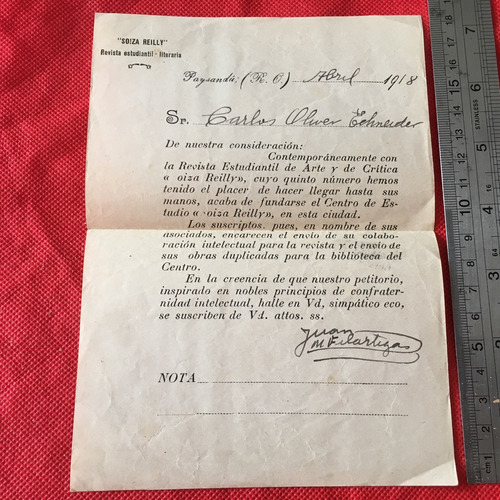 Antiguo Documento Juan M. Filartigas 1918 Vanguardia Uruguay (Usado)
