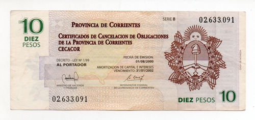 Bono De Emergencia Prov. Corrientes 10 Pesos Cecacor 317 Mb+