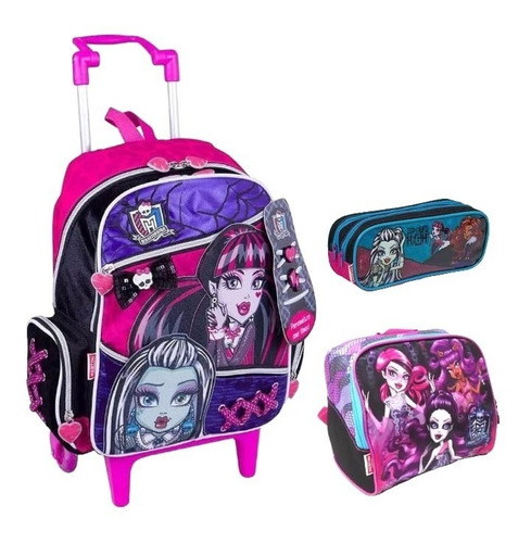 Kit Mochila Monster High Cadarço Rodinha + Lancheira Estojo