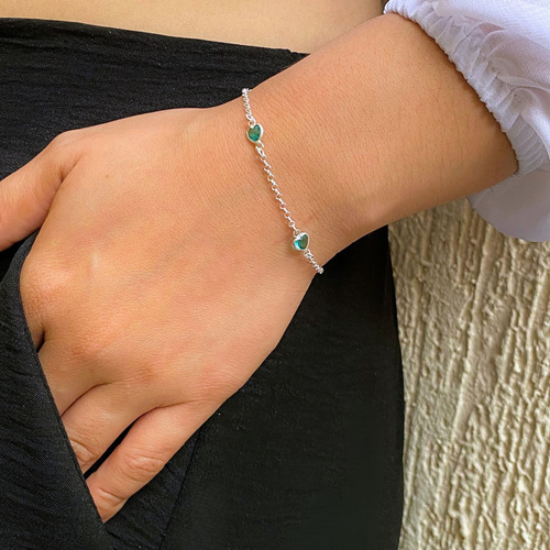 Pulseira Prata 925 Coração Zirconia Verde Água Ou Branco Comprimento 18 Cm Cor Azul-turquesa Diâmetro 18 Cm