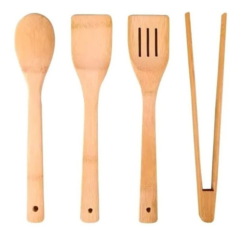 Set Utensilios De Cocina Madera Bambú 4 Piezas